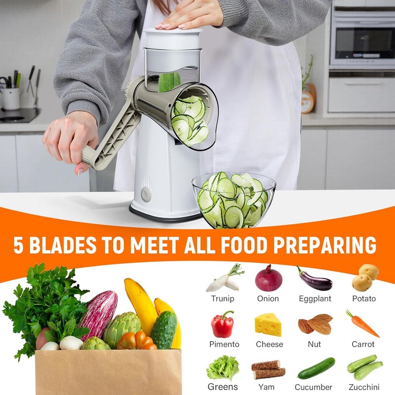 SpaceHacks Rotary Cheese Grater Hand Crank with 5 Interchangeable Blades, Vegetable Slicer Chopper for Fruit Vegetable Nuts, Mandoline Slicer for Kitchen with Blades Rack & Suction Base, White - Image 3